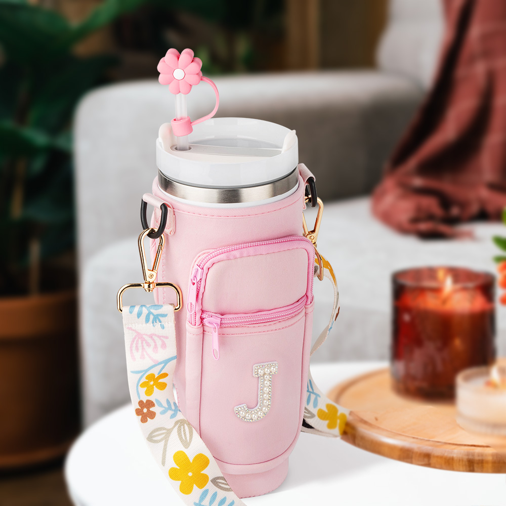 Personalized Pearl Initial Water Bottle Carrier Bag Pouch