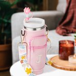 Perla personalizzata iniziale Bottiglia d'acqua Borsa Pouch per 40 oz Stanley Tumbler con cinghia regolabile e topper di paglia Regalo di compleanno p