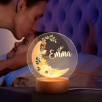 Personalisierte Mond florale Muster Kinderzimmer LED-Nachtlicht mit hölzernen Basis Name Kinderzimmer Dekoration Baby-Dusche Geburtstag Geschenk für Kind