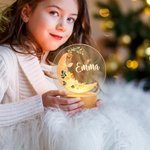 Personalisierte Mond florale Muster Kinderzimmer LED-Nachtlicht mit hölzernen Basis Name Kinderzimmer Dekoration Baby-Dusche Geburtstag Geschenk für Kind
