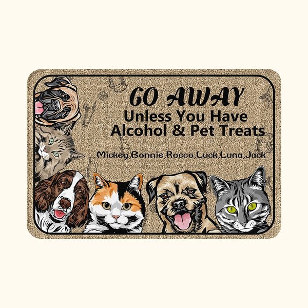 Personalisierte Go Away Unless You Have Pet Treats 1-6 Haustier Bilder Fußmatte mit Namen Housewarming Jahrestag Geschenk für Tierliebhaber
