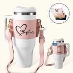 Personalized Floral Pattern Birth Flower Water Bottle Carrier Bag Pouch for 40oz Stanley Tumbler with Adjustable Strap Birthday Gift for Her