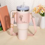Personalized Floral Pattern Birth Flower Water Bottle Carrier Bag Pouch for 40oz Stanley Tumbler with Adjustable Strap Birthday Gift for Her
