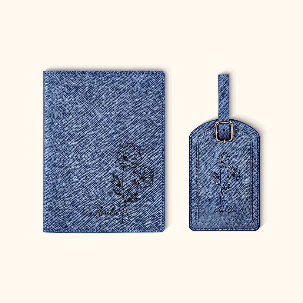 Porte-Passeport et Étiquette de Bagage en Cuir Personnalisée avec Nom Fleur de Naissance Cadeau Anniversaire pour Amoureux du Voyage Amis