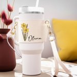 Personalized Floral Pattern Birth Flower Water Bottle Carrier Bag Pouch for 40oz Stanley Tumbler with Adjustable Strap Birthday Gift for Her