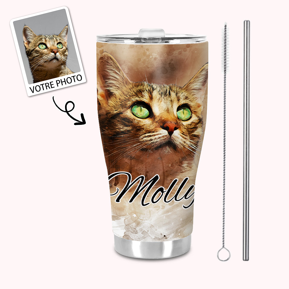 Gobelet Personnalisé avec Photo Animal Aquarelle et Prénom Gobelet avec Couvercle Étanche Paille Cadeau Anniversaire pour Amoureux Animal de Compagnie
