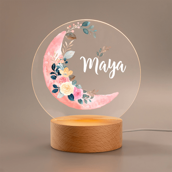 Veilleuse LED à Motif Floral de Lune Personnalisée de Nom avec Base en Bois Décoration pour Chambre Cadeau d'Anniversaire pour Enfant