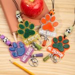 Personalized Glitter Paw Print ID Badge Lanyard with Beads Tassels Appreciation Gift for Teacher Pet Lover