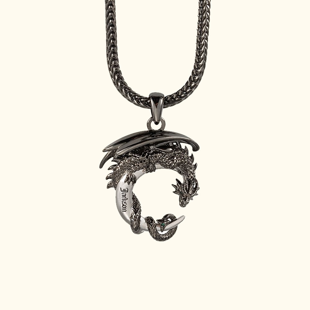 Collier Personnalisé avec Nom Pendentif Dragon Lune Médiéval Gothique Chaîne de Queue de Renard Cadeau Anniversaire Fête des Pères pour Homme