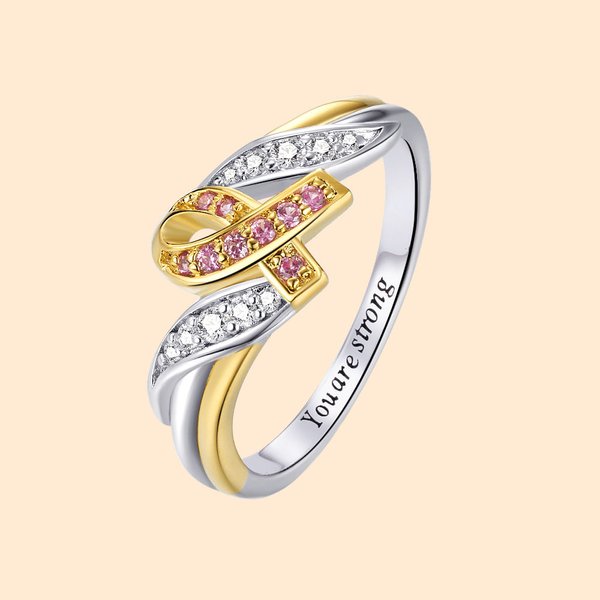 Personalized I Am Enough To Defeat Cancer Ring with Pink Ribbon Engraved Text and Card Breast Cancer Awareness Encouragement Gift for Women