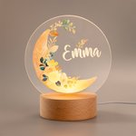 Personalisierte Mond florale Muster Kinderzimmer LED-Nachtlicht mit hölzernen Basis Name Kinderzimmer Dekoration Baby-Dusche Geburtstag Geschenk für Kind
