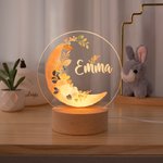 Personalisierte Mond florale Muster Kinderzimmer LED-Nachtlicht mit hölzernen Basis Name Kinderzimmer Dekoration Baby-Dusche Geburtstag Geschenk für Kind