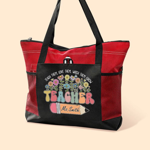 Teach Love Grow Tote Bag with Name & Pencil Design