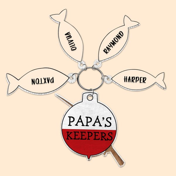 Personalized Papa's Keeper Fishing Rod Acrylic Keychain with 1-4 Fishes and Names Birthday Father's Day Gift for Dad Grandpa Fishing Lovers