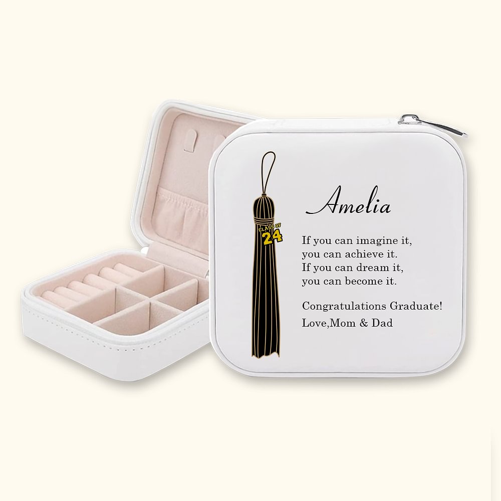 Boîte à Bijoux en Cuir Personnalisée avec Nom et Message de Souhaits Accessoire de Voyage Portable Cadeau de Fin d'Études pour les Diplômés