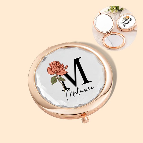 Miroir Compact Personnalisé avec Nom et Initiale Fleur de Naissance Cadeau de Mariage pour Elle Demoiselle d'Honneur