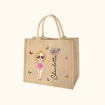 Sac Cabas en Toile de Jute Personnalisé avec Personnage Fleur de Naissance et Nom Cadeau Anniversaire pour Femme Fille