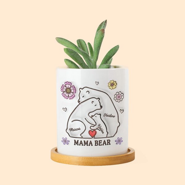 Gepersonaliseerde 3D-effect Bear Hug Plant Pot met 2-9 namen en bamboe basis Vaderdag Moederdag cadeau voor familie