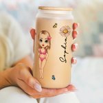 Gobelet en Verre Givré Personnalisé avec Nom Fleur de Naissance Dessin Animé Fille de Plage Cadeau d'Anniversaire pour Elle
