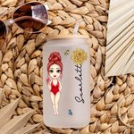 Gobelet en Verre Givré Personnalisé avec Nom Fleur de Naissance Dessin Animé Fille de Plage Cadeau d'Anniversaire pour Elle