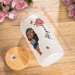 Gobelet en Verre Givré Personnalisé avec Nom Fleur de Naissance Dessin Animé Fille de Plage Cadeau d'Anniversaire pour Elle