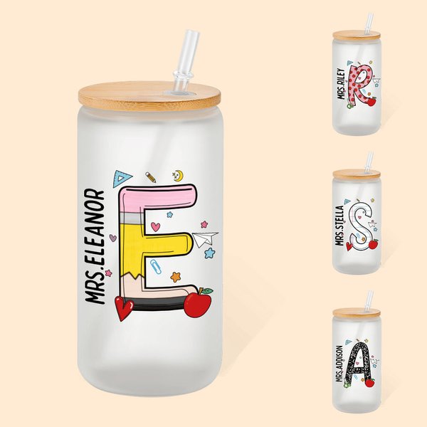 Gobelet en Verre avec Couvercle et Paille Personnalisé avec Nom et Initiale Cadeau Gratitude de la Journée de l'Enseignant pour Professeur