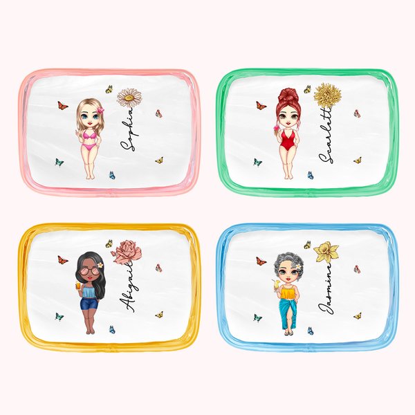 Personalisierte Cartoon Mädchen Kosmetiktasche mit Geburtsblume und Namen Wasserdicht Urlaub Essentials Hochzeit Party Geburtstag Geschenk für sie