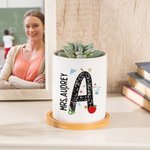 Pot à Plantes en Céramique Personnalisé avec Nom Base en Bambou Cadeau d'Anniversaire pour Professeur