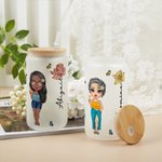 Gobelet en Verre Givré Personnalisé avec Nom Fleur de Naissance Dessin Animé Fille de Plage Cadeau d'Anniversaire pour Elle