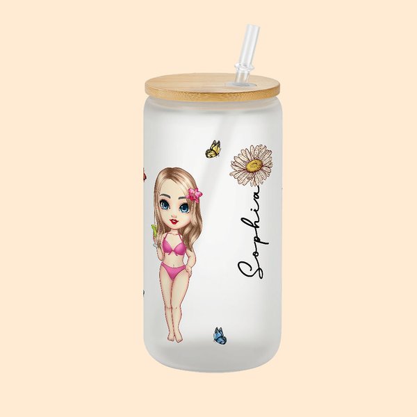 Personalisierter Milchglas Trinkbecher 590ml mit Cartoon-Figur Namen Geburtsblume Becher mit Deckel und Strohhalm Geburtstag Geschenk für Freundin