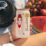 Gobelet en Verre Givré Personnalisé avec Nom Fleur de Naissance Dessin Animé Fille de Plage Cadeau d'Anniversaire pour Elle