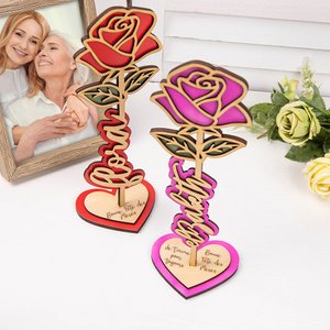 Décoration Rose en Bois Personnalisée avec Texte Gravé Ornement Fleur avec Socle Cœur Cadeau Vacances Fête de Famille Emménagement pour Maman