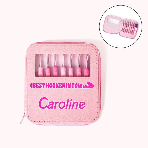 Personalized Pink Ergonomic Name Crochet Hooks 8 Pcs Set with Storage Case for Arthritic Hands Birthday Gift for Crochet Lovers