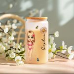 Gobelet en Verre Givré Personnalisé avec Nom Fleur de Naissance Dessin Animé Fille de Plage Cadeau d'Anniversaire pour Elle