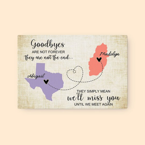 Personalized Long Distance State to State Map Canvas Wall Art Painting with Names Graduation Friendship Farewell Gift for Family Friend