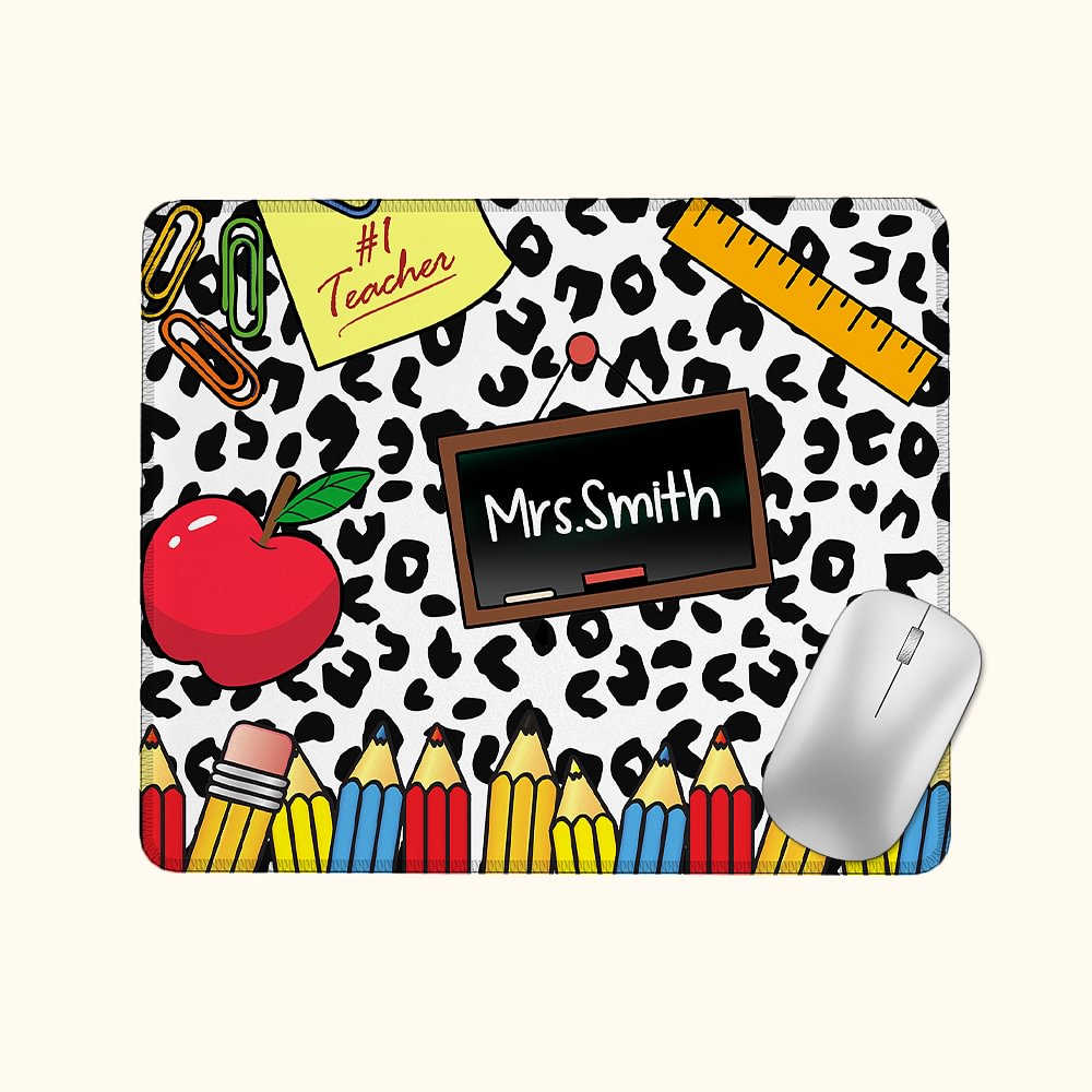 Personalizzato Leopard Pencil Apple Teacher Inspiration Tappetino per mouse antiscivolo con nome Apprezzamento Regalo di ritorno a scuola per l'insegn