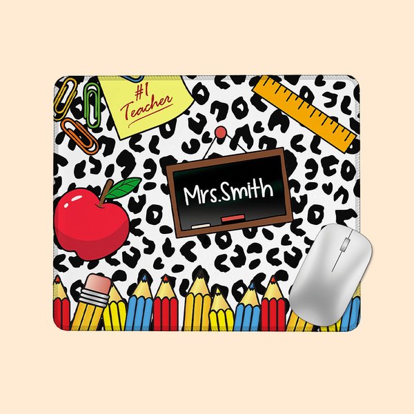 Tapis de Souris Anti-dérapant Personnalisé avec Nom Motif Crayon Léopard Pomme Cadeau de Rentrée Gratitude pour Enseignant