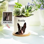 Personalized Oil Painting Style Pet Portrait Photo Ceramic Plant Pot with Bamboo Base and Name Birthday Anniversary Gift for Pet Lover