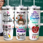 Cadeau personnalisé pour la journée de l'enseignant - Stylo pomme, règle et texte en vedette - Tumbler 40oz avec couvercle et paille