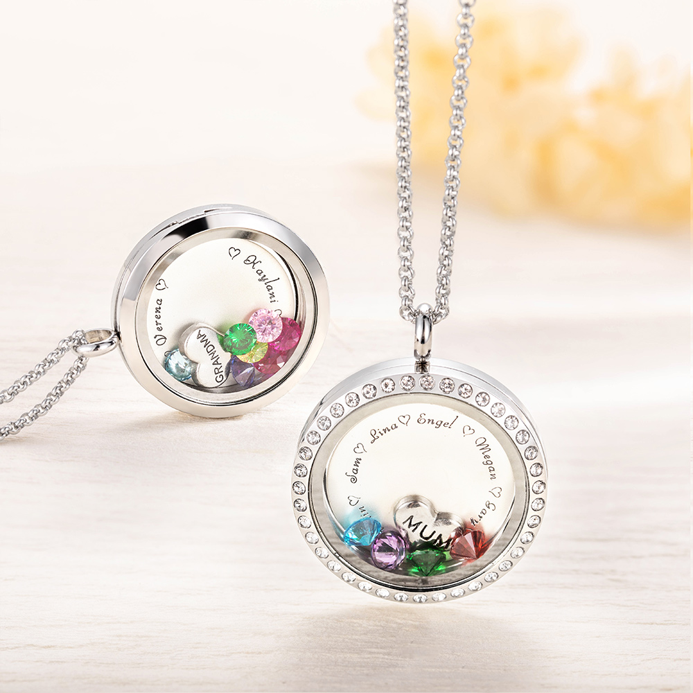 Personalized Floating Locket Necklace for Mom with Kid's Names & Birthstones