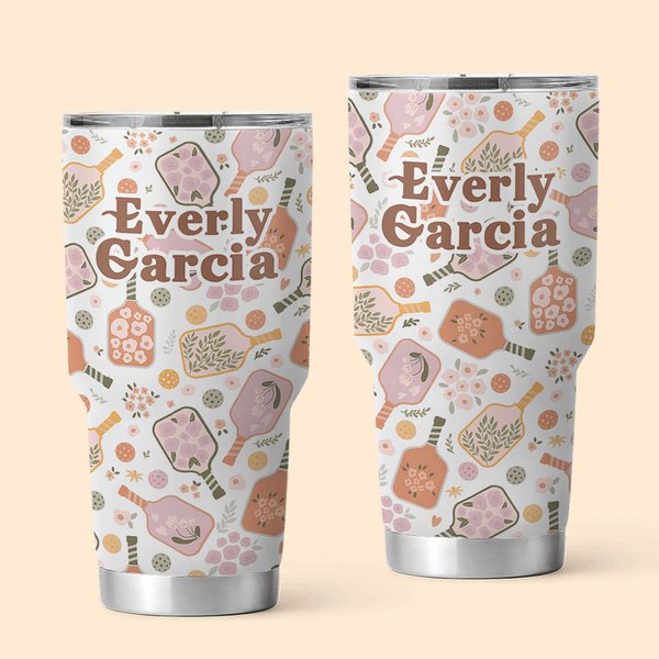Personalized Retro Flower Pickleball Paddles 30oz Name Tumbler with Straw and Brush Birthday Graduation Gift for Pickleball Lover