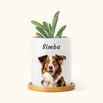 Personalized Oil Painting Style Pet Portrait Photo Ceramic Plant Pot with Bamboo Base and Name Birthday Anniversary Gift for Pet Lover