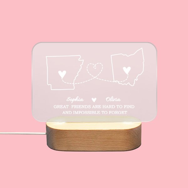 Veilleuse de LED avec Socle en Bois Personnalisée avec Nom et Pays Cadeau d'Adieu pour la Famille et les Amis