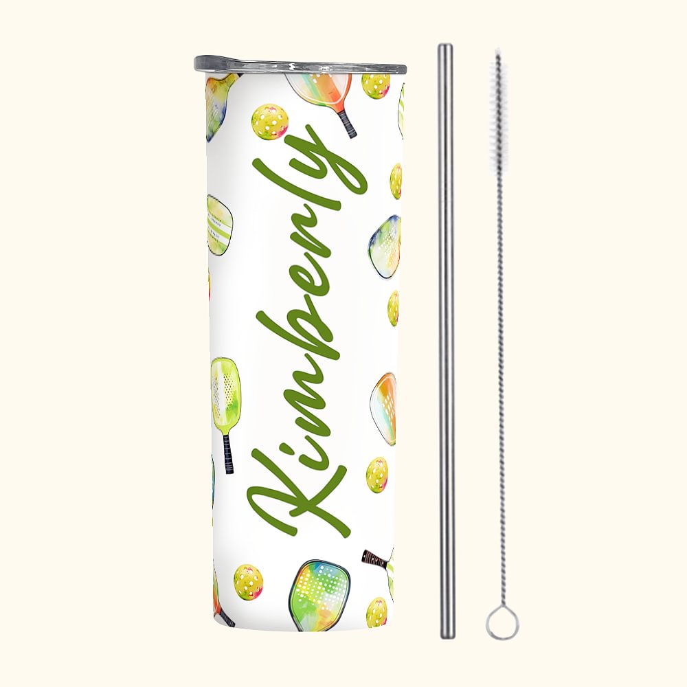 Pickleball coloré personnalisé 20oz Skinny Tumbler avec nom et paille Graduation Birthday Gift for Sports Lover (Cadeau d'anniversaire pour les amoure