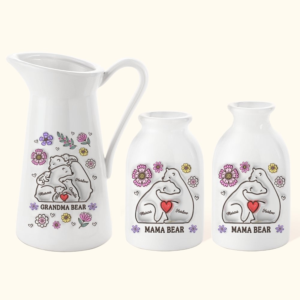 Vase en Céramique Personnalisé avec 2-9 Oursons et Noms à Effet 3D Cadeau Anniversaire pour Maman Grand-Mère
