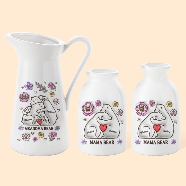 Personalized 3D-effect Flower 2-9 Hug Bears Ceramic Vase with Names Birthday Anniversary Gift for Mom Grandma