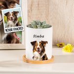 Personalized Oil Painting Style Pet Portrait Photo Ceramic Plant Pot with Bamboo Base and Name Birthday Anniversary Gift for Pet Lover