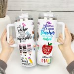 Cadeau personnalisé pour la journée de l'enseignant - Stylo pomme, règle et texte en vedette - Tumbler 40oz avec couvercle et paille