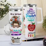 Cadeau personnalisé pour la journée de l'enseignant - Stylo pomme, règle et texte en vedette - Tumbler 40oz avec couvercle et paille