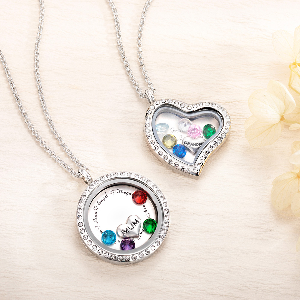 Personalized Floating Locket Necklace for Mom with Kid's Names & Birthstones